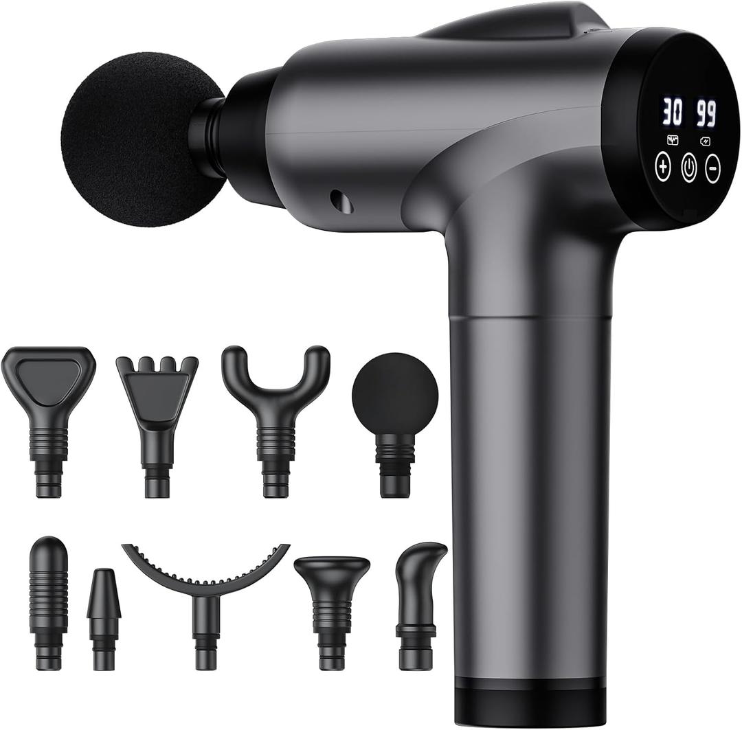 OLsky Massage Gun Deep Tissue, Handheld Electric Muscle Massager, High Intensity Percussion Massage Device for Pain Relief with 9 Attachments & 30 Speed(Grey)