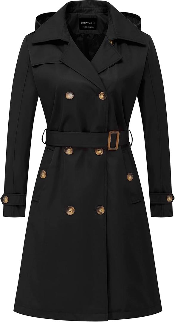 CREATMO US Women's Long Trench Coat Double-Breasted Classic Lapel Overcoat Belted Slim Outerwear Coat with Detachable Hood (Medium, Black) CREATMO US Women's Long Trench Coat Double-Breasted Classic Lapel Overcoat Belted Slim Outerwear Coat with Detachable Hood (Medium, Black)