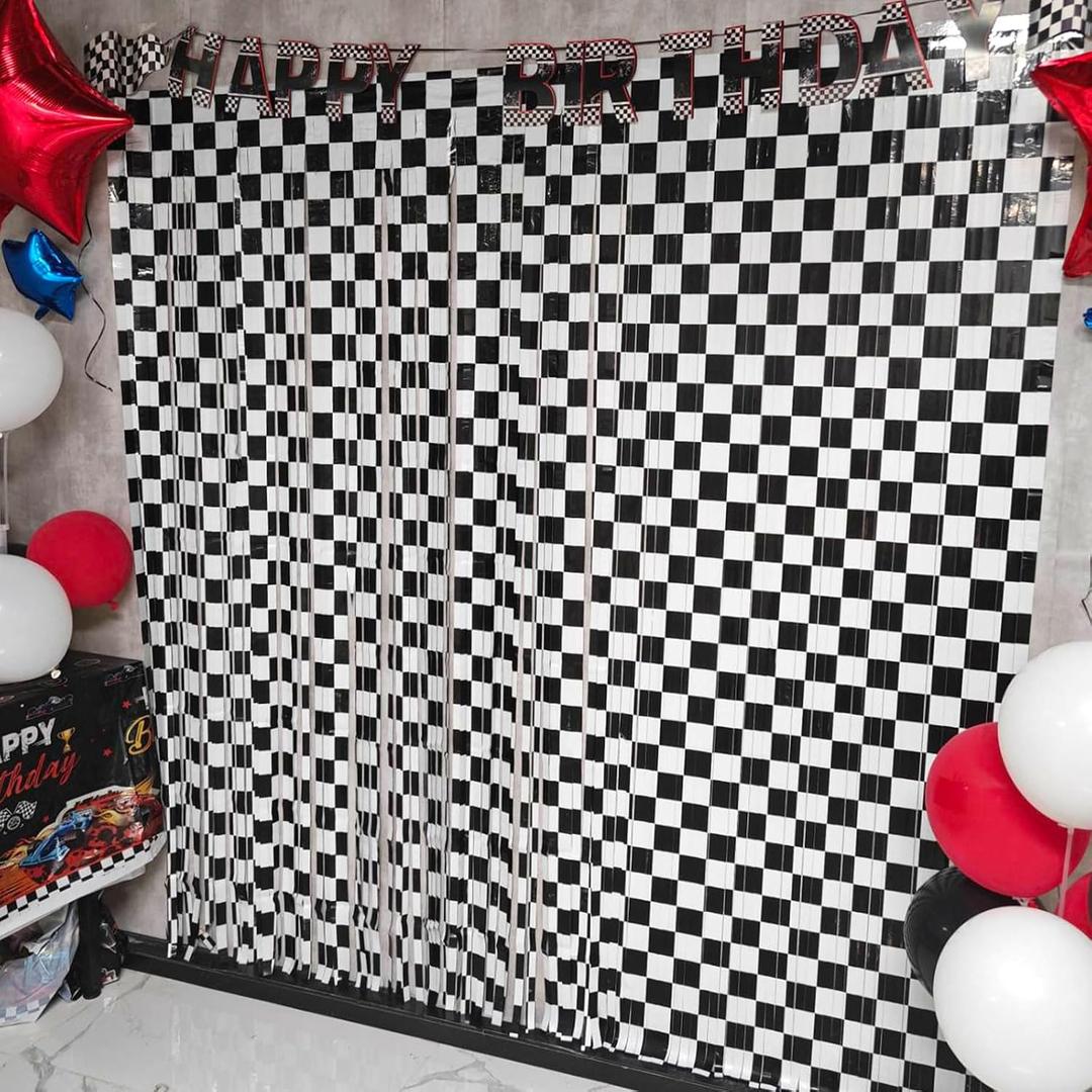 2 Packs Race Car Backdrops, Race Car Birthday Party Decorations, Black and White Checkered Backdrop, Cars Birthday Decorations, Car Themed Birthday Party Decorations for Kids Boys Race Car Photo Prop