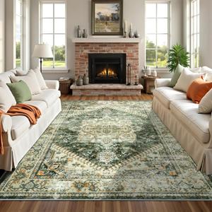 8x10 Area Rugs Washable Rug: Lagre Soft Living Room Rug Anti-Skid Indoor Floor Thin Carpet Vintage Stain Resistant Carpets for Bedroom Dining Room Farmhouse Nursery Office Green