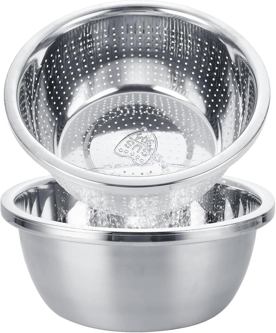 2 PCS 304 Stainless Steel Colander Strainers 5QT Metal Strainer With Mixing Bowl Large Colander For Kitchen Rice Washer Strainer Bowl for Washing Vegetables, Fruit, and Rice, Dishwasher Safe