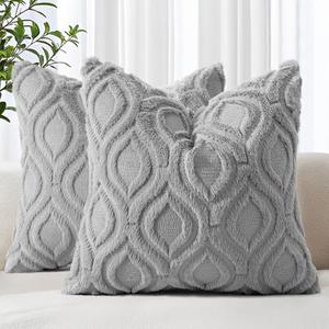 decorUhome Throw Pillow Covers 18x18 Inch Set of 2, Soft Plush Faux Wool Grey Solid Couch Pillow Covers, Accent Farmhouse Neutral Square Pillow Cases for Sofa Bed Living Room Home Decor
