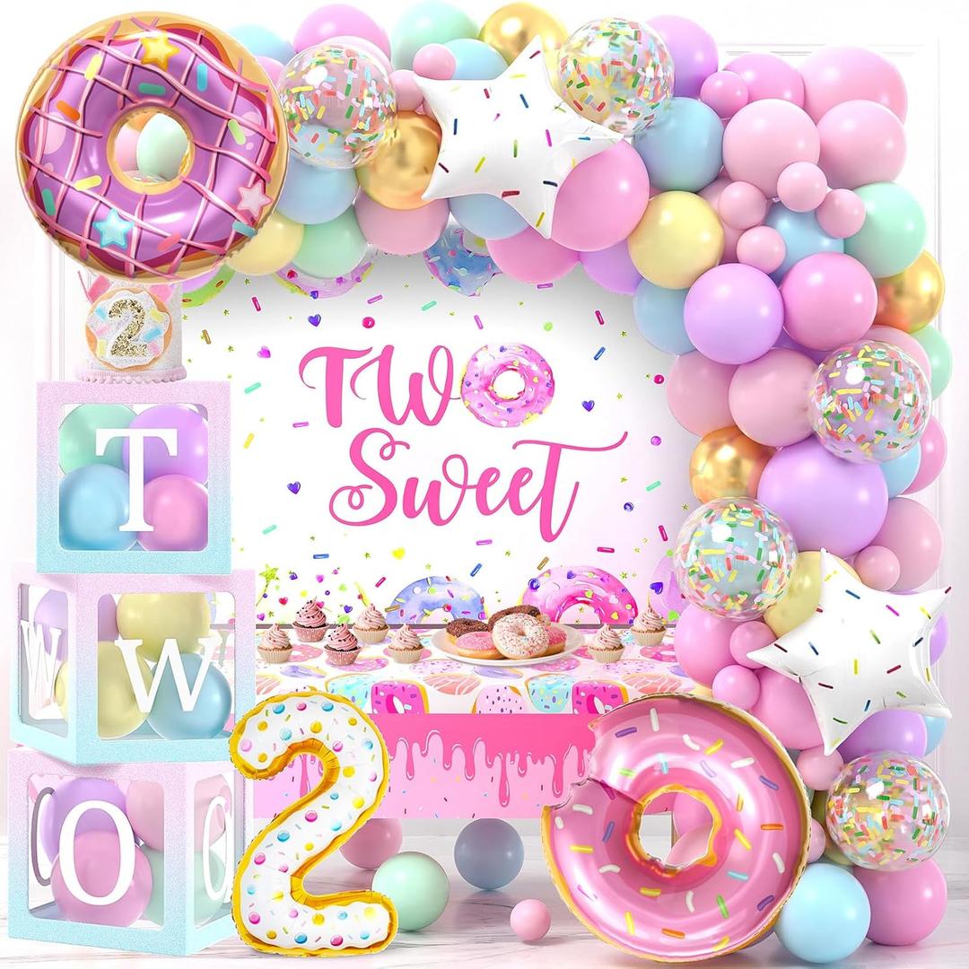 SNLN Two Sweet Birthday Party Decorations 2nd Birthday Supplies 'TWO' Boxes Donut Balloon Arch Backdrop Tablecloth Crown Foil Balloon Second 2 Year Old Birthdays Decorations for Girls