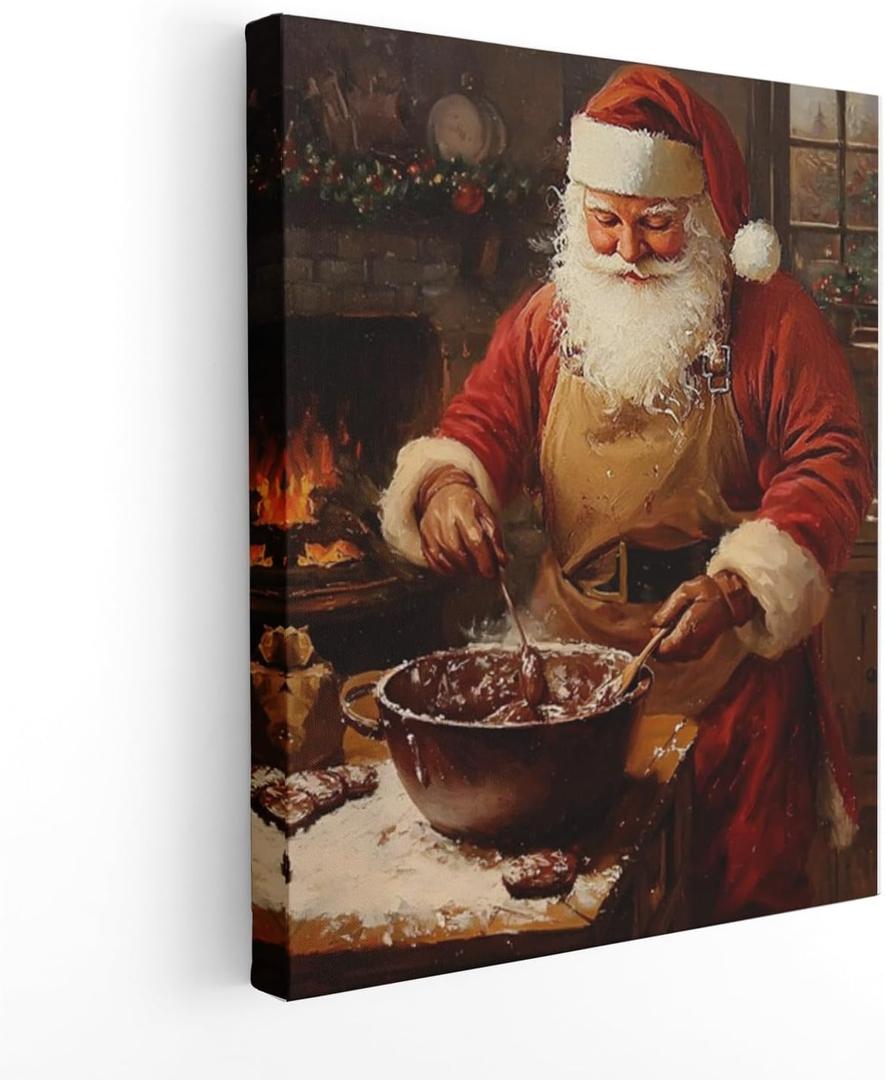 APJYM Christmas Baking Santa Claus Wall Art, Christmas Kitchen Decor, Vintage Holiday Winter Santa Baker Canvas Wall Art for Home Kitchen Dining Room Bakery, 11x14 Inches Framed (RESD18)