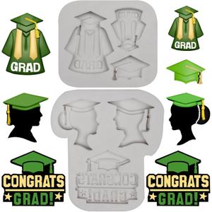 Graduation Silicone Mold, Cap and Gown Theme Fondant Mold Graduation Cake Decorating Mold for DIY Fondant Clay Craft
