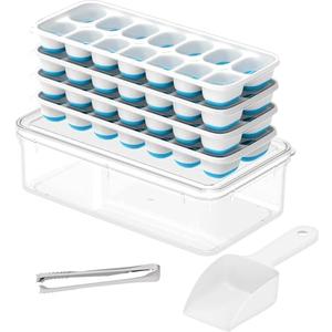 ChefAide Ice Cube Tray with Lid and Bin,4 Packs 56 Cubes Silicone Plastic Ice Cube Trays for Freezer, Stackable Ice Tray with Container, Ice Scoop,Ice Tong for Drinks, Coffee and Cocktails Blue