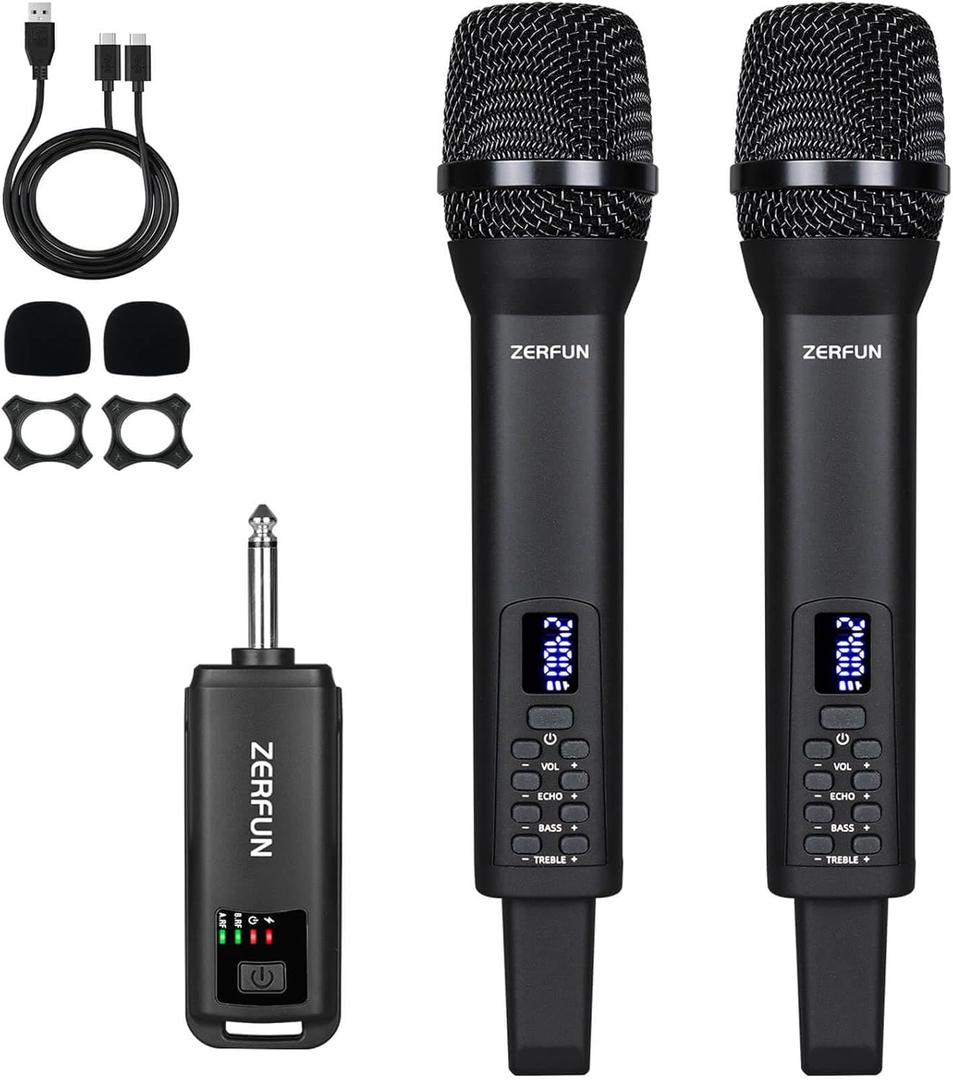 Dual Rechargeable Wireless Microphones, Pro Handheld Cordless Mics System with Echo Treble BASS VOL Control for Karaoke Singing Church Party, 1/4'' Output, Black
