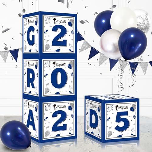 Graduation Decorations Class of 2025, 4 Pcs Blue and Silve Balloon Boxes, High School and College Graduation Party Decorations Supplies