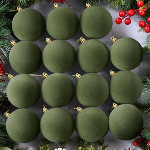 24 Pcs 3.15Inches Velvet Christmas Ball Ornaments, Shatterproof Green Flocked Bulbs Decorations Set, Retro Decorative Hanging Plastic Ornaments for Xmas Tree Holiday Party Dcor