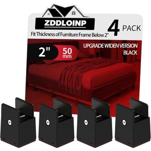 4Pack Bed Risers with Adjustable Screw Clamp, Fit Thickness of Furniture Frame from 0 to 2 Inch, Elevation in Heights 2" Heavy Duty Risers for Lifting Couch Desk Table Cabinet Nightstand, Black