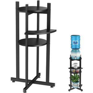Water Dispenser Floor Stand with Curved Shelf for Cups, Metal with Wood Storage Shelf for 1-5 Gallon Water Bottle/Crocks, Drink Dispenser, Beer Keg, and Potted Plant, Black