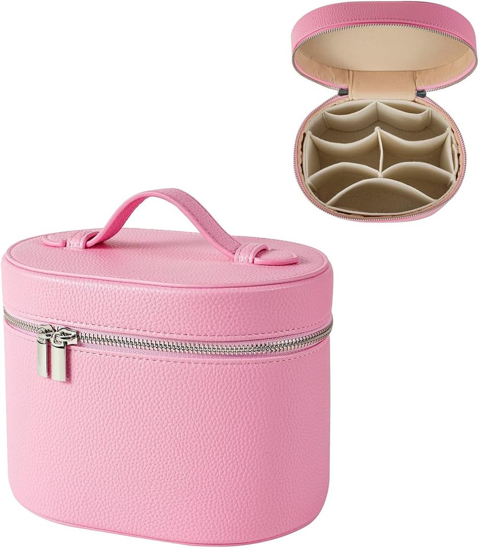 Pink Aesthetic Makeup Bag, Travel Makeup Vanity Case with Divider and Handle, Waterproof PU Leather Cosmetic Organizer Bag, Portable Toiletry Bag for Women(02Pink)