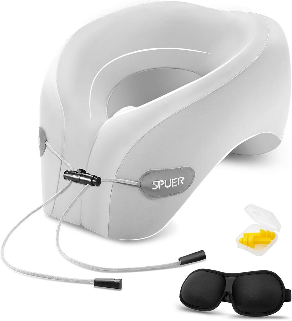 SPUER Ergonomic Neck Pillow for Travel – Comfortable Support for Airplane, Car, and Office with Eye Mask & Earplugs (Gray)