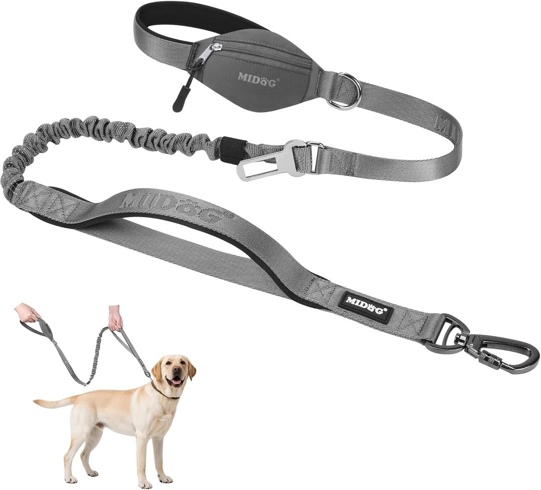 MIDOG Dog Leash with Zipper Pouch,Multifunctional Bungee Leash for Medium to Large Sized Dog Walking (Basic Leash 4Ft, Grey)