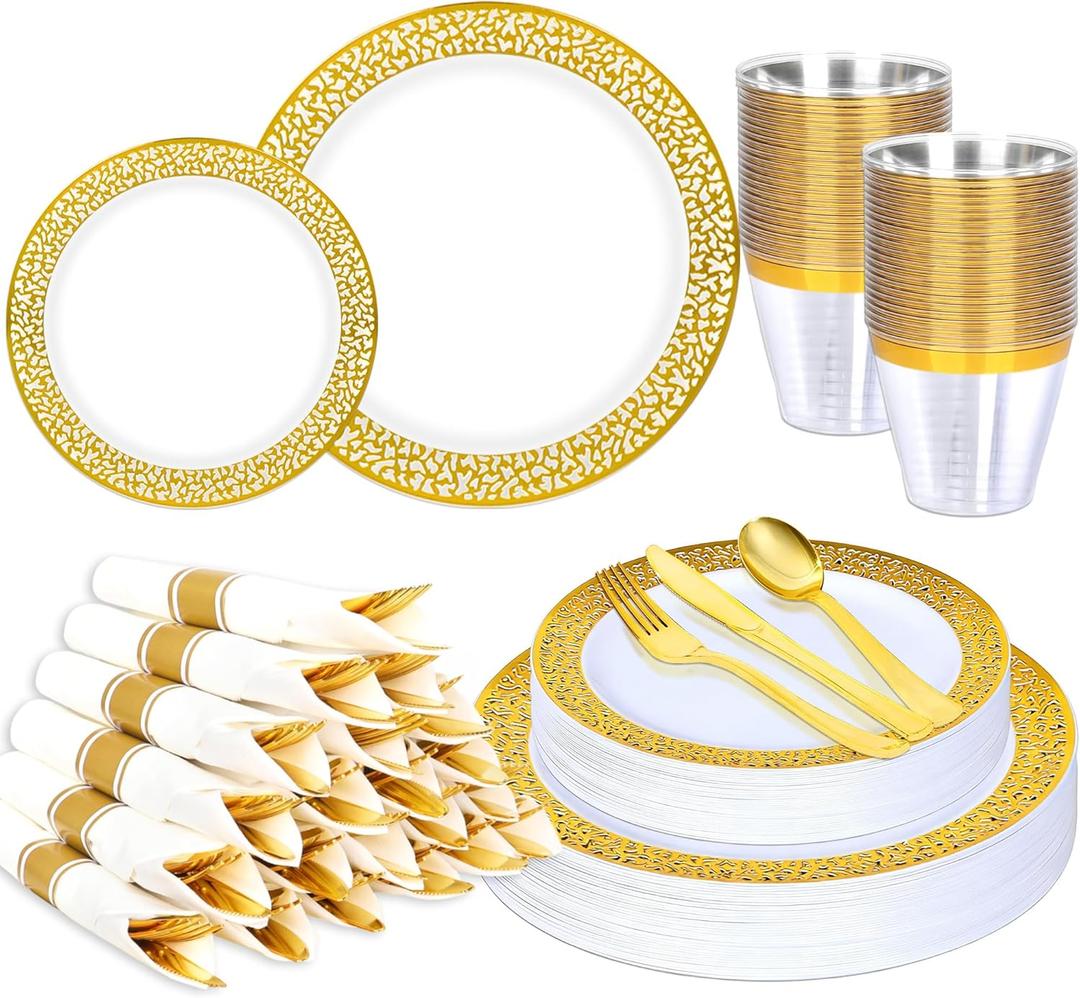 140Pcs Gold Plastic Dinnerware for 20 Guests,Gold Lace Disposable Plasticc Plates Including 20 Dinner&Dessert Plates,Cups,Golden Plastic Silverware for Party,Birthday,Wedding