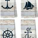 Nautical Hand Towels for Bathroom - Nautical Beach Dish Hand Towels Bathroom Decor, Coastal Beach Boat Anchor Towel for Kitchen Decor, 16 x 24Inch Set of 4