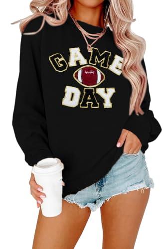 FLOYU Football Sweatshirts For Womens Game Day Sweatshirt Sunday Funday Shirt Casual Football Season Long Sleeve Tops Black, Size L