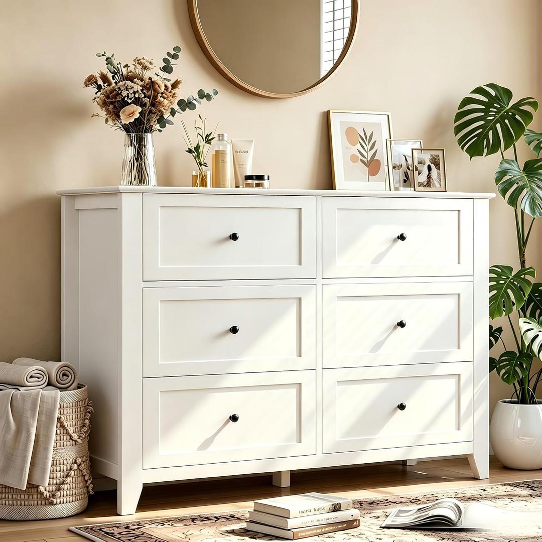 Garvee White 6-Drawer Dresser for Bedroom, 41.7" L Entryway Storage Drawers, 15.8"D x 41.7"W x 31.5"H