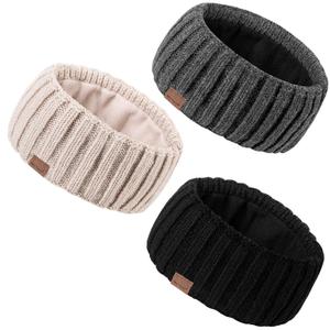 Winter Headbands for Women 3 Pack, Ear Warmers for Women Headband Wool Knit Thick Fleece Lined, Cold Weather Warm Ear Muffs (Black & Beige & Dark Gray)
