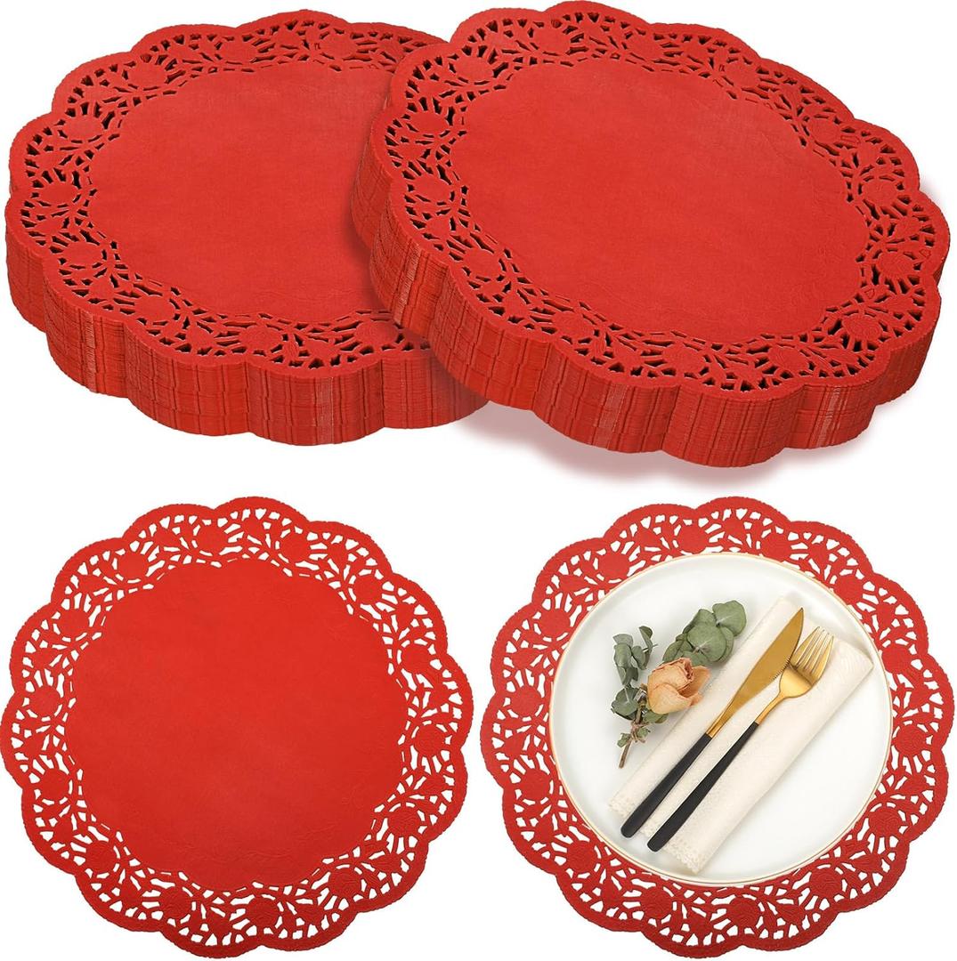 Yexiya 200 Pcs Doilies Lace Paper Doilies 14 Inches Disposable Foil Lace Placemats Large Round Paper Pad Placemats for Cakes Crafts Wedding Birthday Party Decoration(Red)