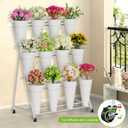 Flower Stand, 3 Tier Flower Display Stand with 12 Buckets, Upgrade Double Circle No Shaking, Outdoor Flower Cart with Wheels for Patio, Garden, Shop, Wedding, Party, Exhibition, Indoor, White