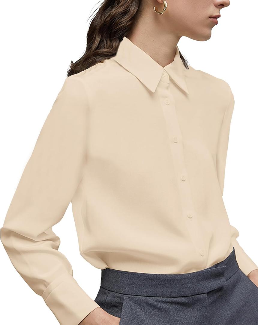 Women's Button Down Shirt Classic Long Sleeve Collared Tops Work Office Chiffon Blouse (Size Large)