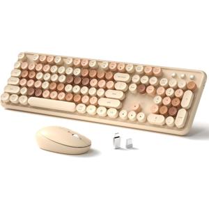 Wireless Keyboard and Mouse, Full-Size Retro Typewriter Keyboard with Round Keycaps, 2.4GHz for Windows, Mac, Laptop, PC, Desktop (Milky Tea Colorful)