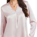 Womens Silk Satin Blouses V Neck Long Sleeve Tops Casual Dressy Shirts (S)