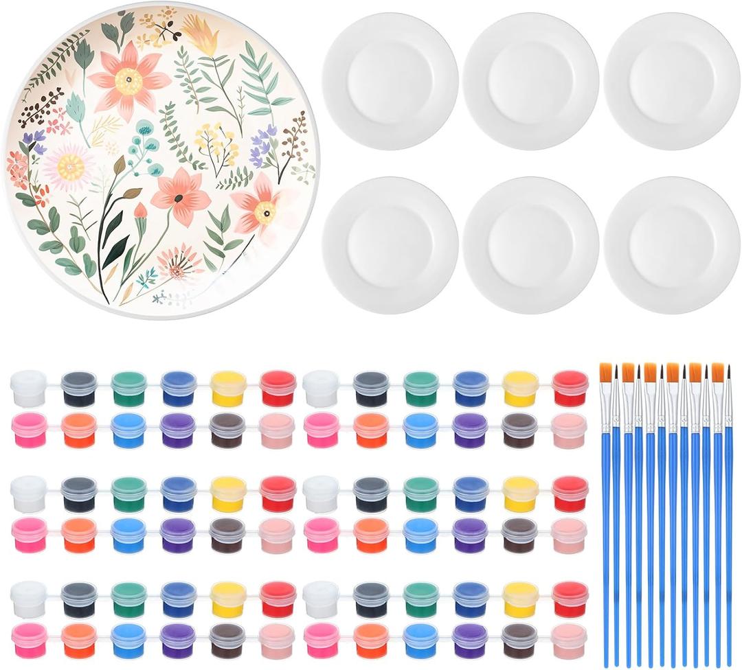 Marspark 6 Pcs 9 Inches Ceramic Painting Plate White Ceramic Plates with 6 Sets of 12 Colors Paint 6 Sets of 2 Brushes Porcelain Painting Craft Set for Family Gatherings Activities Art Supplies