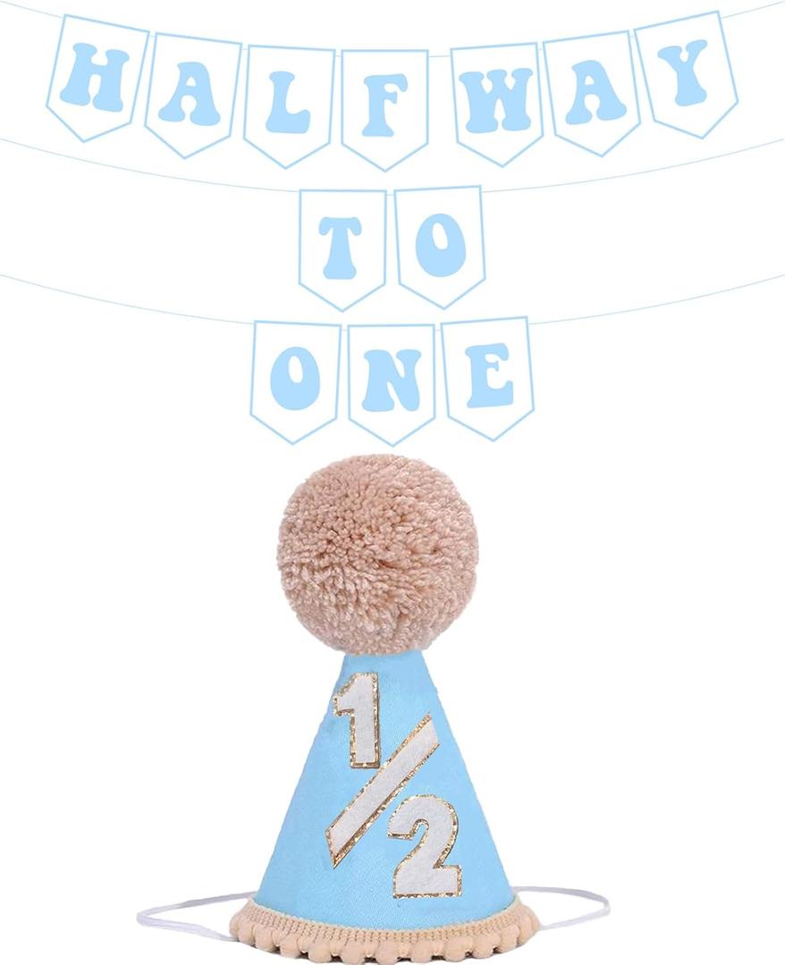Blue Half Birthday Decorations for Boys, 6 Months Birthday Decorations With 1/2 Boy Hat And Pre-strung Half Way To One Banner For 1/2 Birth-day Boy Decor