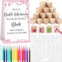 147 Pcs Baby Shower Blocks Games Sets, 80 DIY Blank Wooden Block 42 Stencils 24 Watercolor Marker 1 Decorate a Block Game Sign for Gender Reveal Baby Shower Party Supplies (Pink Ribbon)