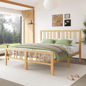 14 Inch Bamboo Wood King Size Platform Bed Frame with Headboard and Footboard, Metal Slat Support King Bed Frame No Box Spring Needed, Heavy Duty, Easy Assembly, Noise Free, Reinforced