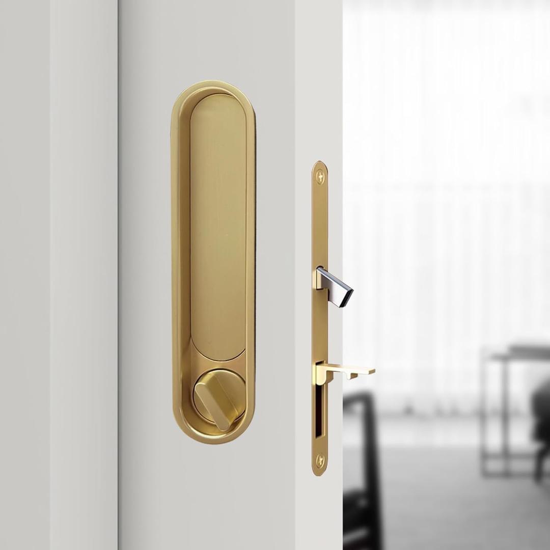 Pocket Door Lock Hardware Set - Privacy Handle with Hidden Pull & Recessed Latch, Fit for 1.77" to 2" The Thick of Wooden Doors (Circular Gold)