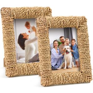 2 Pcs Rattan Picture Frame, 4x6 Boho Photo Frame Handmade Farmhouse Wicker Picture Frame Set for Wall and Tabletop Display (Natural, 4X6+4X6)