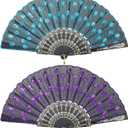 Jetec 2 Pieces Handheld Folding Fan Sequin Fabric Folding Lace Trim Fabric Rave Fan for Line Dancing Flamenco Spanish 1920s Costume Decoration(Purple, Blue)