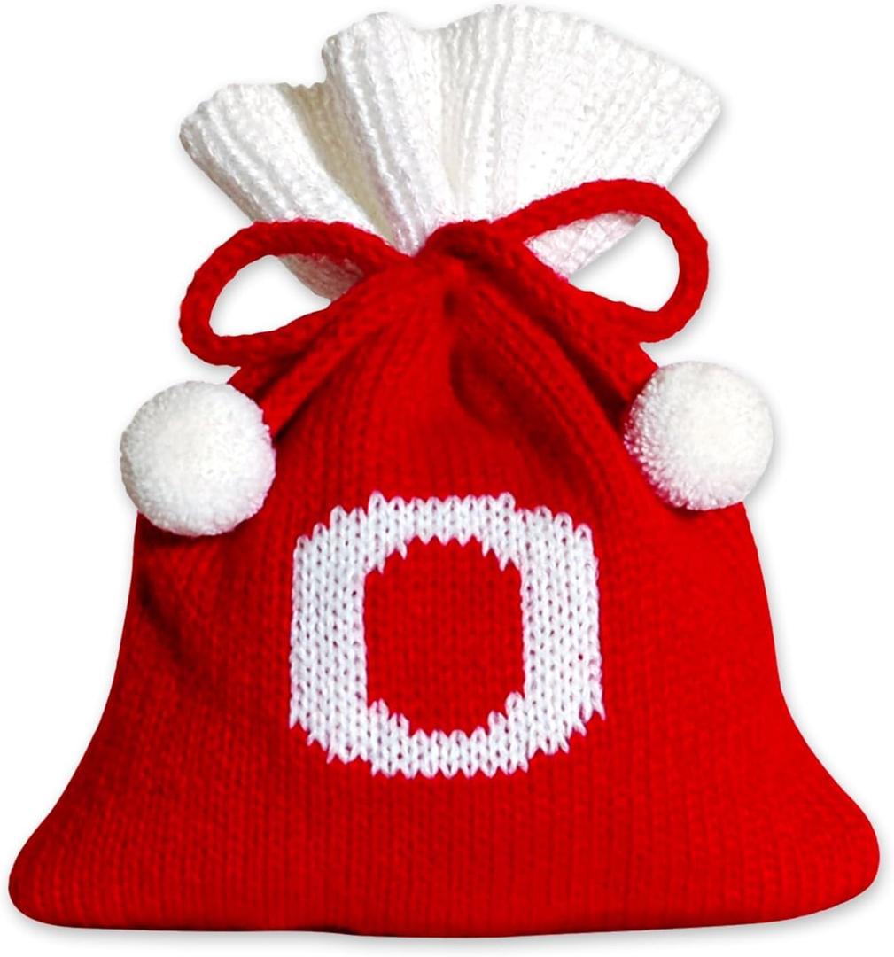 2 x Christmas Knit Drawstring Gift Bag Xmas Red and White Santa Sack with Alphabet Letter Design Reusable Wrapping Bag for Xmas Candy Goodie Party Favor 6.5 x 5.1 Inch Letter O