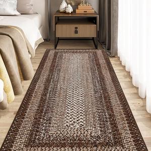 RUGSREAL Runner Rug for Hallway Kitchen Runner Carpet 2x10, Machine Washable Long Runner Throw Mat, Non Slip Entryway Rug Stain Resistant Braided Printed Carpet for Bedroom Living Room, Brown