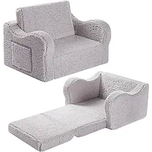 Kids Sofa, 2-in-1 Flip-Out Foam Couch with Soft Sherpa Cover, Cozy Play Lounge Chair, Grey M