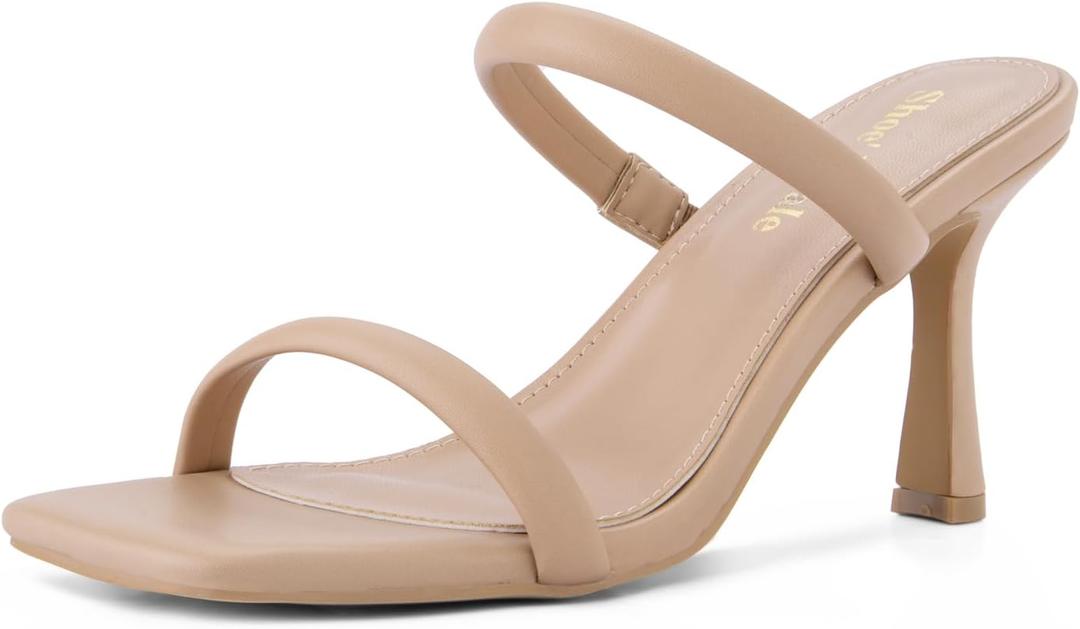 Shoe'N Tale Women's Strappy Heels Kitten Heeled Mules Two Straps Square Open Toe Slip On Sandals (7)