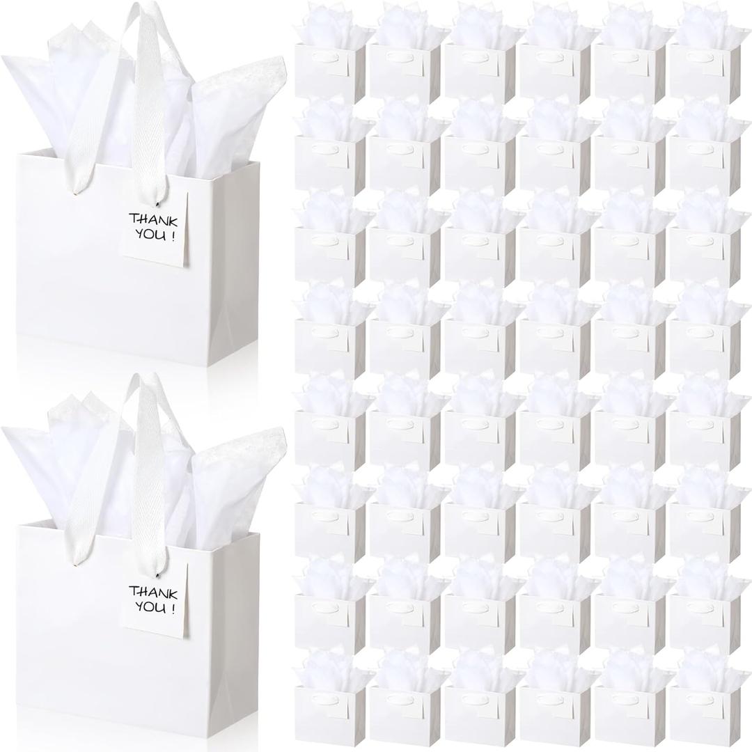 Zhanmai 100 Pcs 4.7 x 2.4 x 3.9 Inch Mini Gift Bags Bulk with Tissue Paper Kraft Paper Bag with Handle Gift Tag for Birthday Party, Wedding Showers (White)