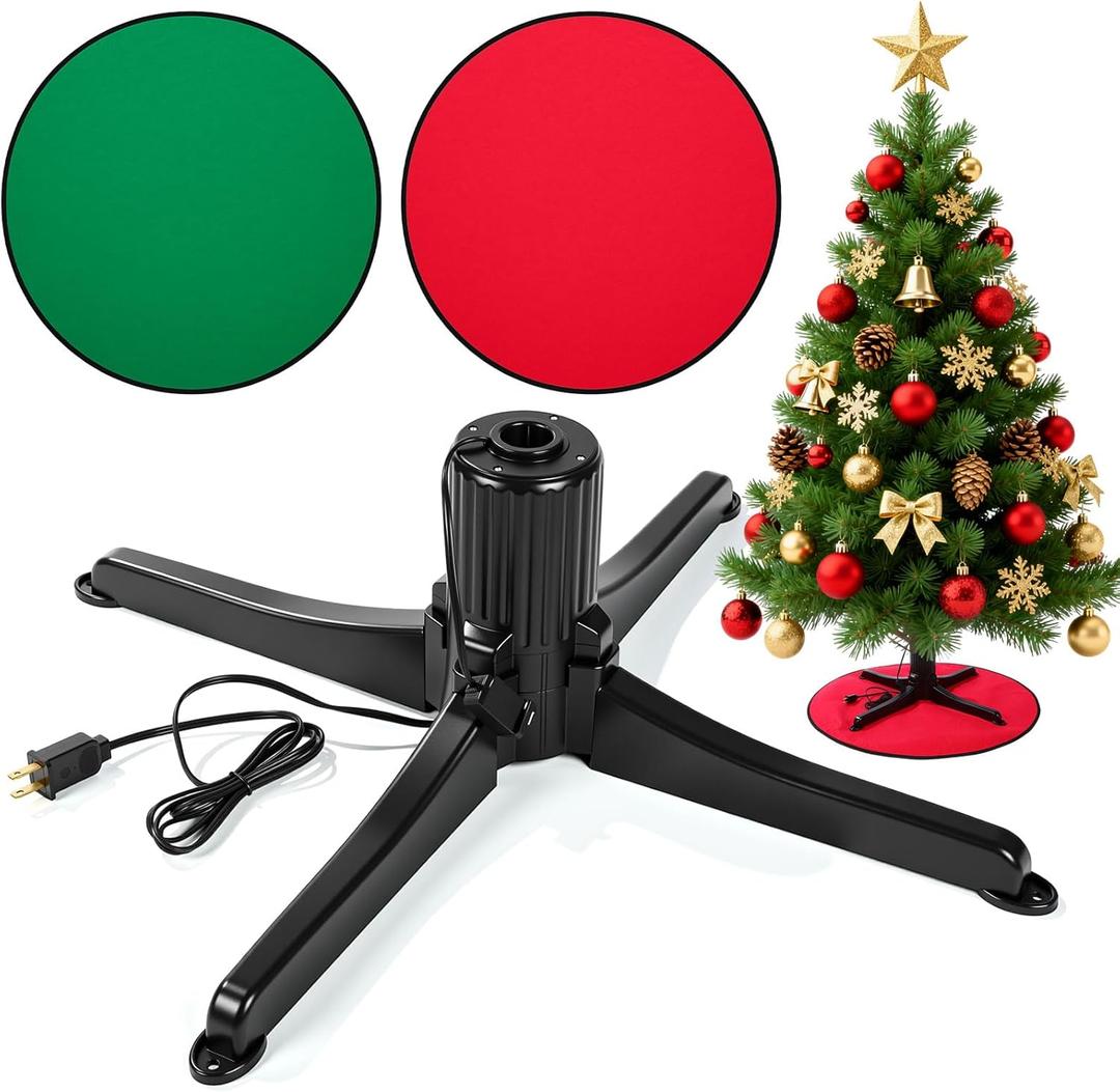 Hortsun 360degree Rotating Christmas Tree Stand with 30' Reversible Mat for Tree up to 7.5ft, Spinning Christmas Trees Stand with 2 Settings Trunk Diameter and One Builtin Electrical Outlet