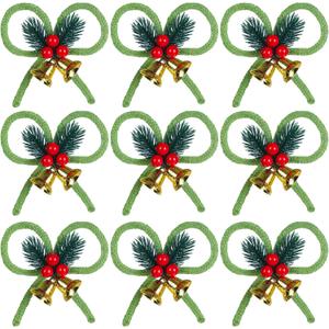 2 x 9 PCS Green Christmas Tree Bows 4.5" Xmas Wreath Bow with Pine Needles Berries Jingle Bells Bowknot Christmas Tree Ornaments for Garland Party Crafts DIY Gift Wrapping Decoration