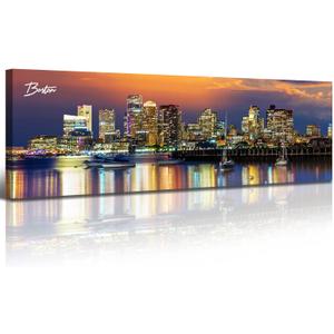 DJSYLIFE Boston Skyline Wall Art Canvas Prints Colorful USA City Night Pictures Modern Panoramic Cityscape Posters Paintings for Bedroom Office Decor, Ready to Hang 13.8"x45.3"