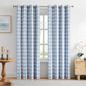 Amzdecor Blue White Buffalo Plaid Full Blackout Curtains 84 Inches Long, 52"W x 84"L