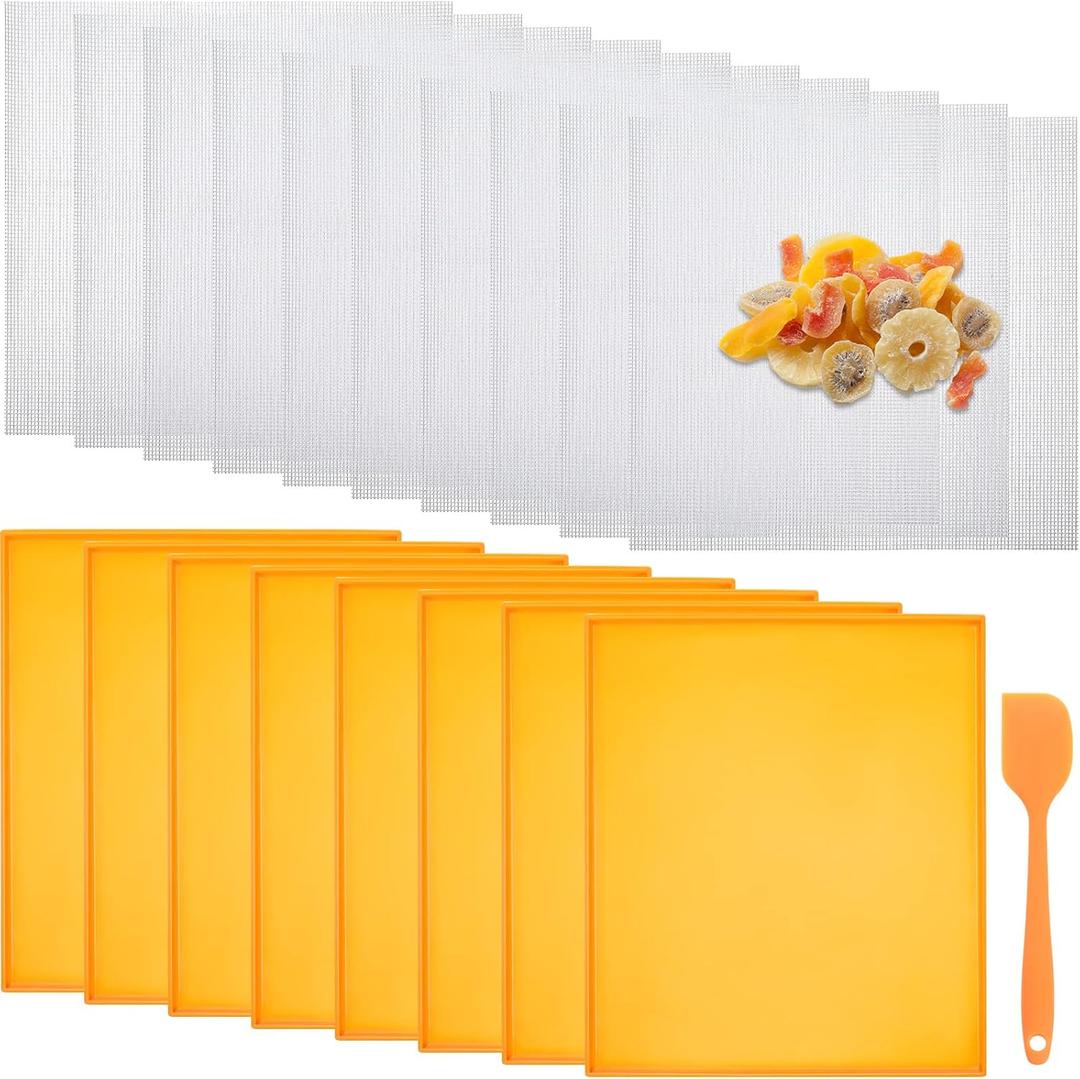 Thenshop 8 Pcs Silicone Dehydrator Sheets with Edge and 10 Pcs Mesh Dehydrator Mats with Silicone Scraper Tray Fruit Leather Trays for Non Stick Accessories for Liquid Meat Fruit(Orange)