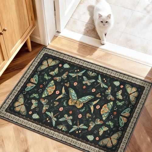 BLEUM CADE 2' x 3' Green Butterfly Insect Entryway Rug, Washable Low Pile Door Mat Indoor Entrance, Non-Slip Rugs for Kitchen Bathroom Bedroom Laundry Room
