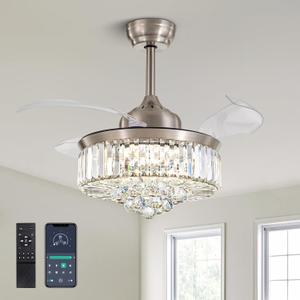 36 Inch Crystal Chandelier Fan, Ceiling Fan with Light and Remote Control, Invisible Retractable Fandelier, Dimmable LED Fan Light Kit for Bedroom,Living Room-Nickel