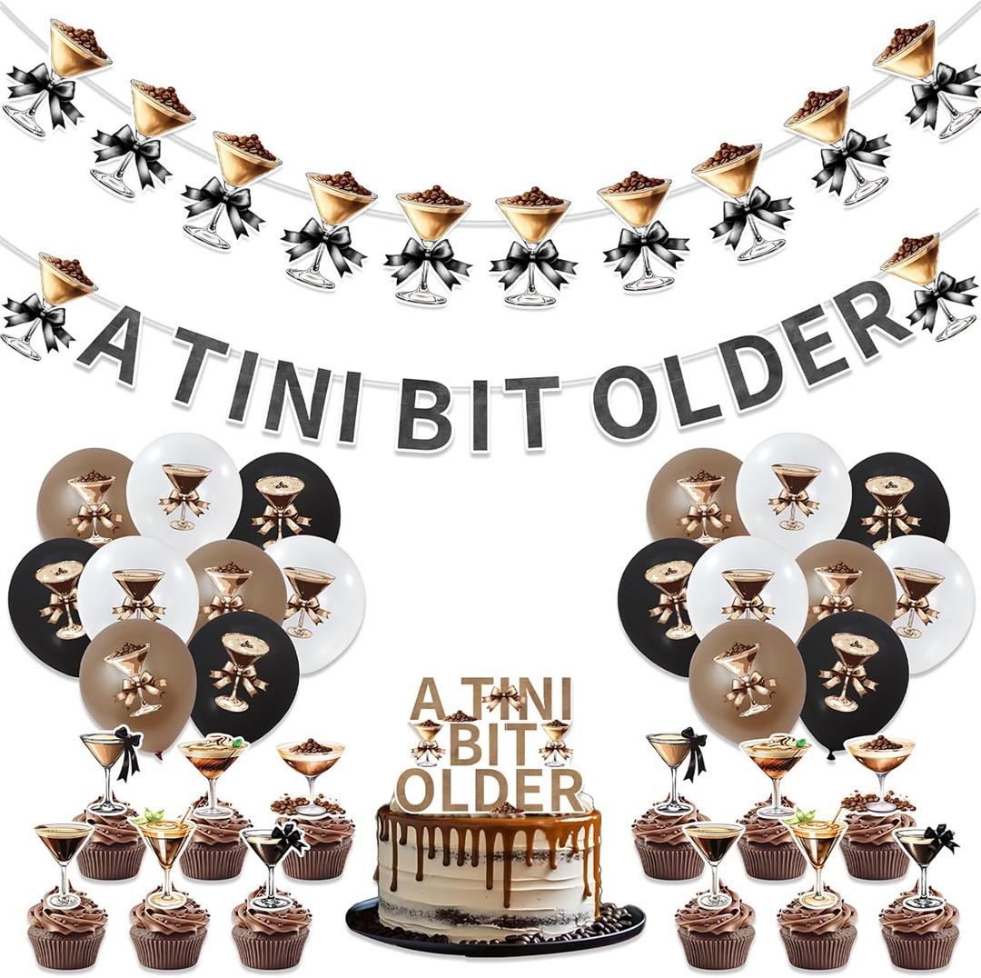 Martini Party Decoration Gold Brown Glitter A Tini Bit Older Banner Cake Topper Balloons, Martini Party Theme Banners Latex Balloons Cupcake Toppers for Children and Adults Birthday Party Decorations