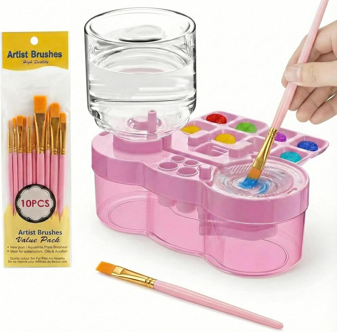 Paint Brush Cleaner Tool with 10 PCS Paint Brushes, Water Cycle Paint Brush Rinser with Holder and Palette, Flush My Brushes, Painting Art Supplies for Artist Beginner Kid