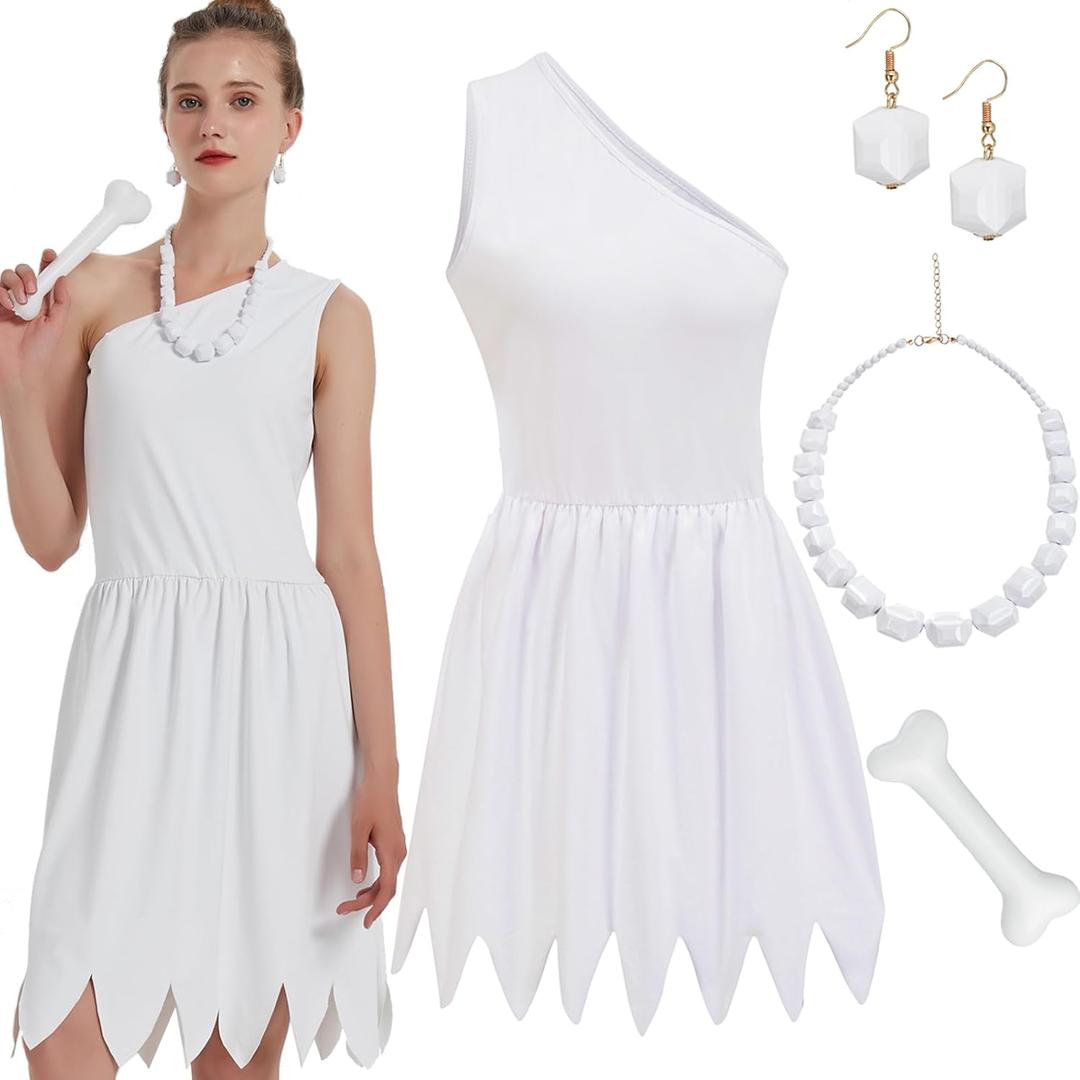 qnprt Halloween Family Costume for Women 2025 White Dress Outfit with Necklace Accessories, Larg